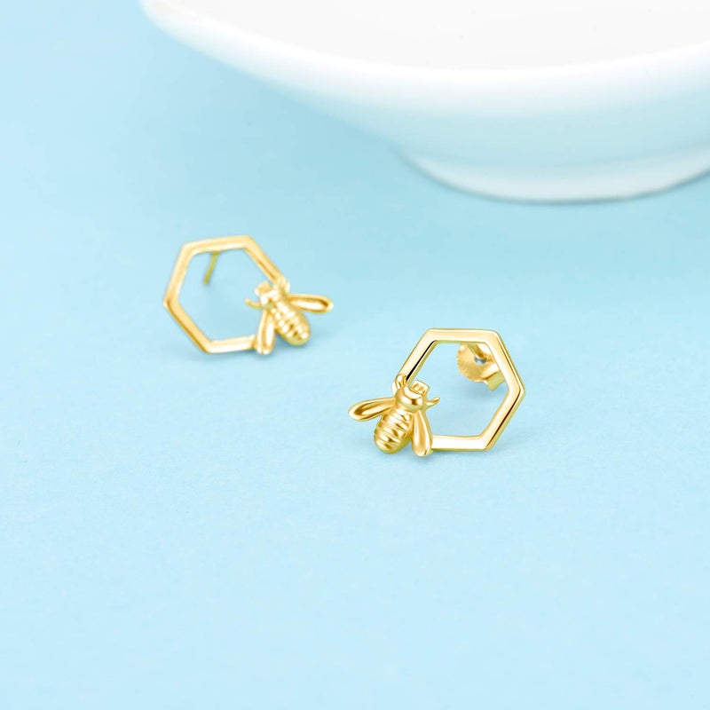 LUHE Honeycomb with Bee Stud Earrings Sterling Silver 18K Gold Plated Beehive and Bee Earrings for Women - Image 4